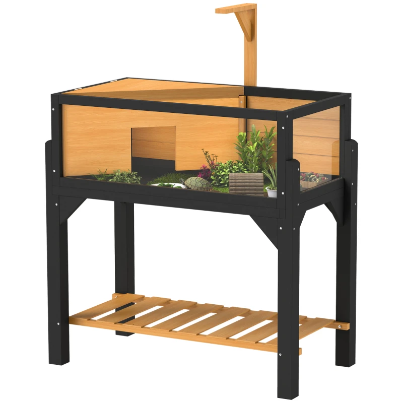 Image of PawHut Wooden Tortoise House with Storage Shelf, Clear Observation Windows, Yellow D40-043V00YL