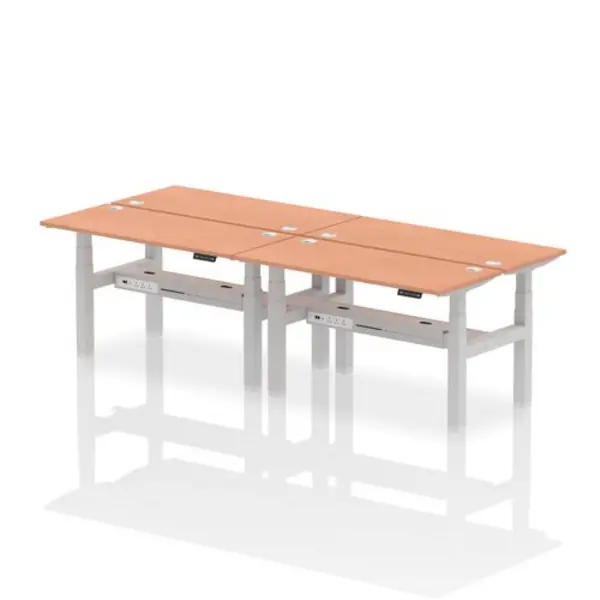 Image of Air Air Back-to-Back 1400 x 600mm Height Adjustable 4 Person Bench Desk Beech Top with Cable Ports Silver Frame HASCP4P14600BCHS