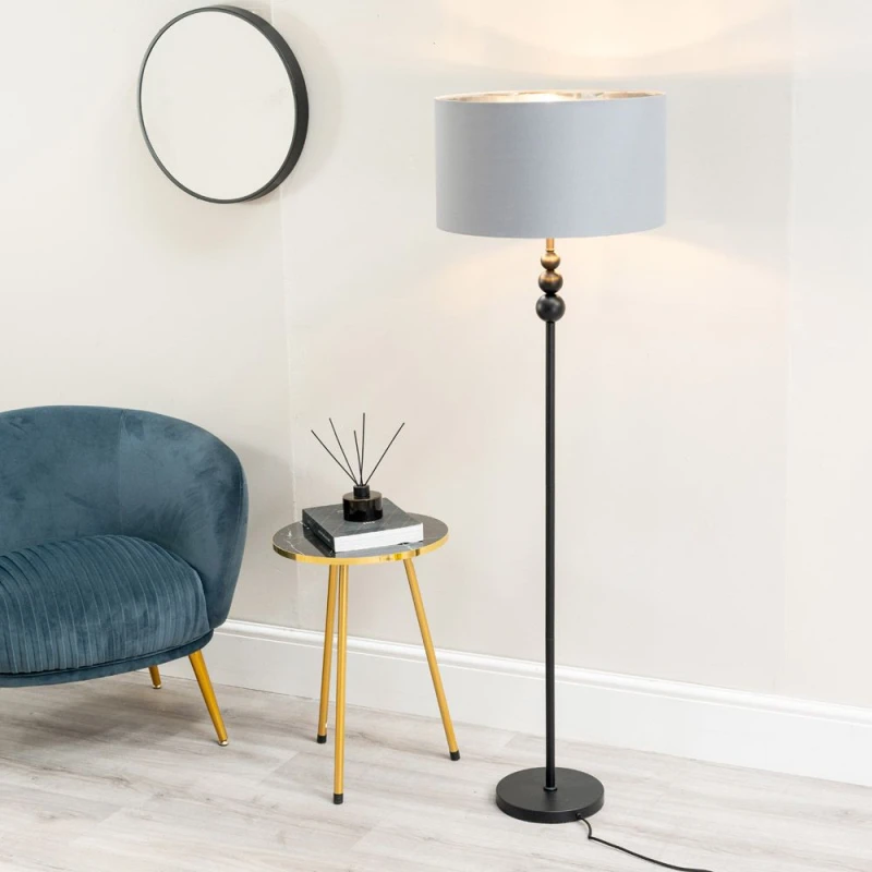 Image of ValueLights Marissa Grey and Metallic Chrome Shade with Black Stacked Ball Floor Lamp Grey