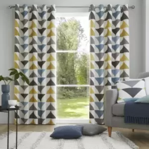 Image of Brodrick Geometric Print 100% Cotton Eyelet Lined Curtains, Blue/Ochre, 46 x 54" - Fusion