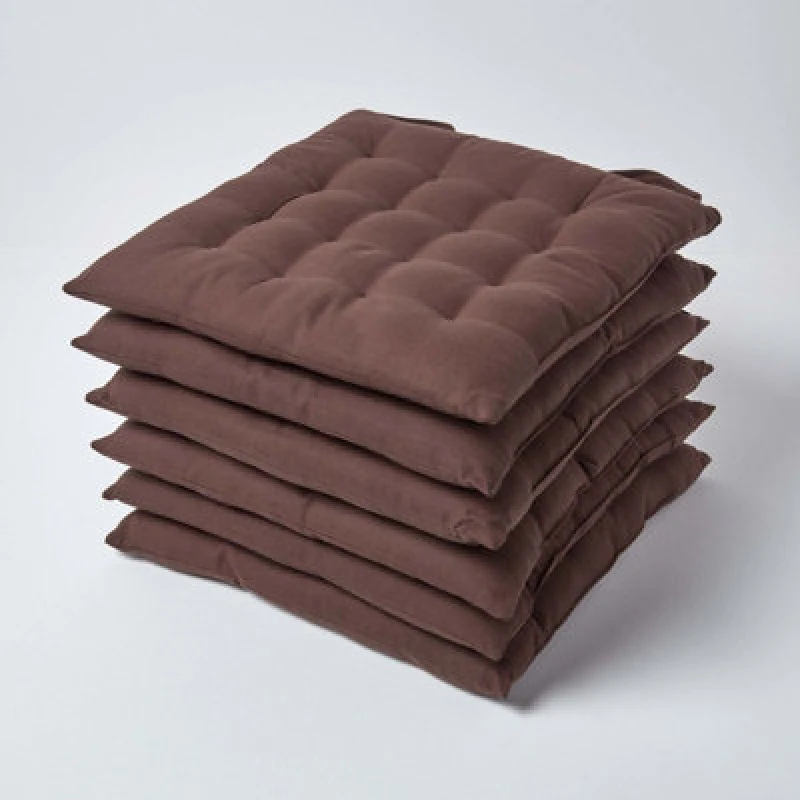 Image of Homescapes Plain Seat Pad with Button Straps, 40 x 40cm, Set of 6 Brown