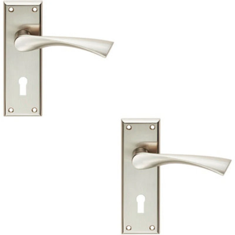 Image of Loops 2x PAIR Angular Lever on Lock Backplate Door Handle 150 x 50mm Satin Nickel Metallics