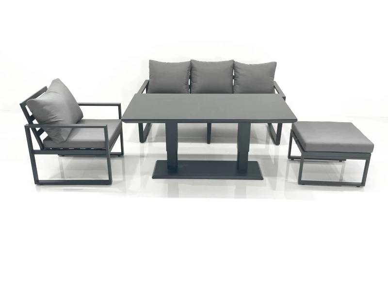 Image of Fimous Outdoor Aluminium Garden Furniture Set with Adjustable Rising Lifting Dining Table 3 Seater Sofa Chair Big Footstool Dark Grey Dark Grey Unisex