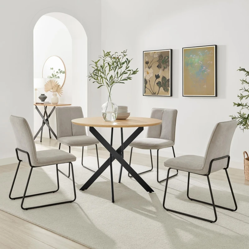 Image of FurnitureboxUK FurnitureboxUK Novara 100cm Oak Veneer Top Round Dining Table & 4 Taupe Halley Chairs in Brown Brown One Size Unisex 5056784315156