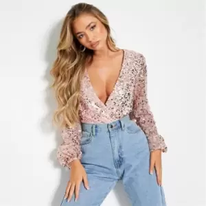 Image of I Saw It First Sequin Wrap Front Plunge Bodysuit - Pink