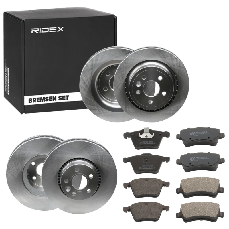 Image of RIDEX 3405B1677 Brake disc and pads set Rear Axle, Brake Disc Type: Externally Vented, not prepared for wear warning indicator, with anti-squeak plate