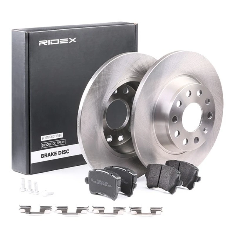 Image of RIDEX 3405B0046 Brake disc and pads set Rear Axle, Brake Disc Type: Solid, prepared for wear warning indicator Brake Set,disc brakes (3405)