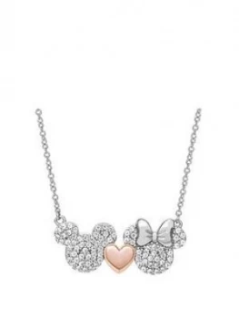 Image of Disney Mickey Loves Minnie Sterling Silver Crystal and Rose Gold Plated Heart Pendant Necklace, One Colour, Women