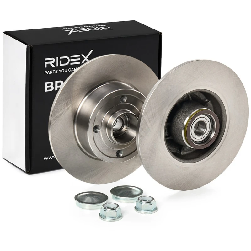 Image of RIDEX 82B0989 Brake disc Rear Axle, solid, Cast Iron, Uncoated, Untreated, with wheel hub Cast Iron Brake Disc (82)
