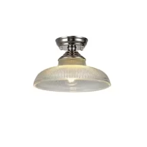 image of Dresden Flush Ceiling Lamp E27 With Round 30cm Glass Shade Polished Nickel, Clear