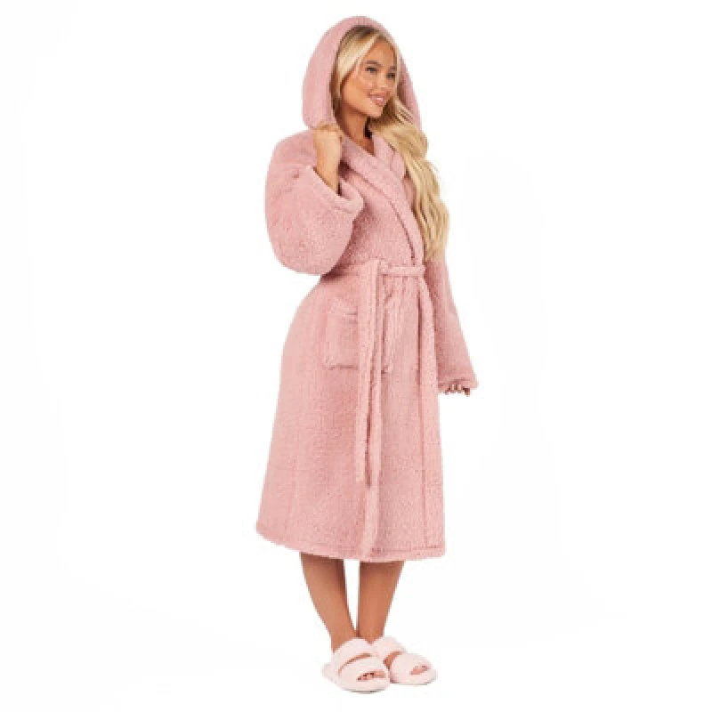 Image of OHS OHS Teddy Fleece Long Dressing Gown Warm House Coat Hooded in Pink Pink One Size Unisex 5027434165223