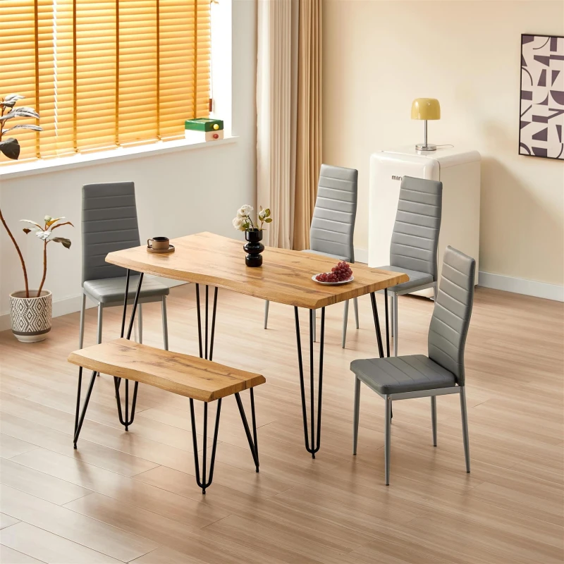 Image of KOSY KOALA Dining Table with Bench & 4 Grey Chairs Set Kitchen Dining Room Furniture in Brown Brown Unisex