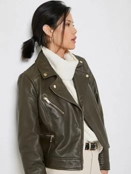 image of Mint Velvet Khaki Leather Biker Jacket