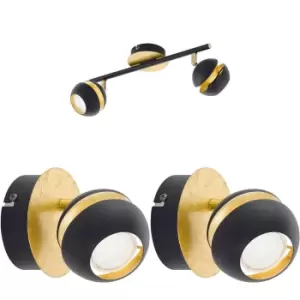 image of Twin Ceiling Spot Light & 2x Matching Wall Lights Black & Gold Adjustable Shade