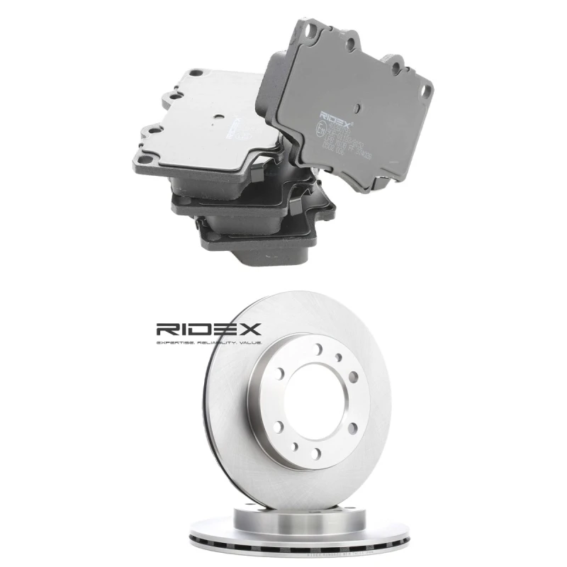 Image of RIDEX 3405B1992 Brake disc and pads set Front Axle, Brake Disc Type: Vented, incl. wear warning contact Brake Set,disc brakes (3405)