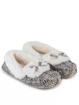 Image of TOTES Brushed Check Moccasin Slipper - Grey, Size 5-6, Women