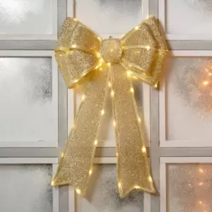 Festive Gold Battery Operated Christmas Door Bow with 84 Warm White LEDs