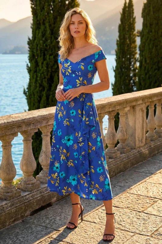 Image of Roman Womens Floral Print Bardot Ruffle Stretch Dress in Royal Size: 14 Royal Female 14
