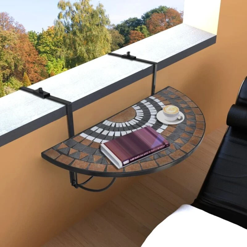 Image of vidaXL Mosaic Balcony Table Hanging Semi-circular Terracotta White Plant Stand