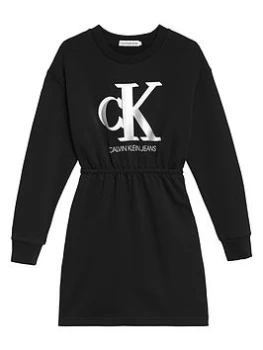 image of Calvin Klein Jeans Girls Monogram Sweatshirt Dress - Black, Size 10 Years, Women