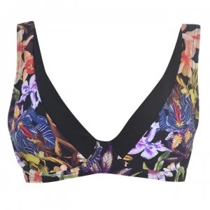 image of Figleaves Paradise Plunge Bikini Top - Black Tropical