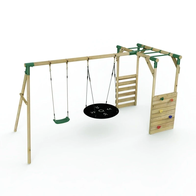 Image of Rebo Wooden Double Swing Set with Climbing Wall and Monkey Bars - Meteorite Green Green