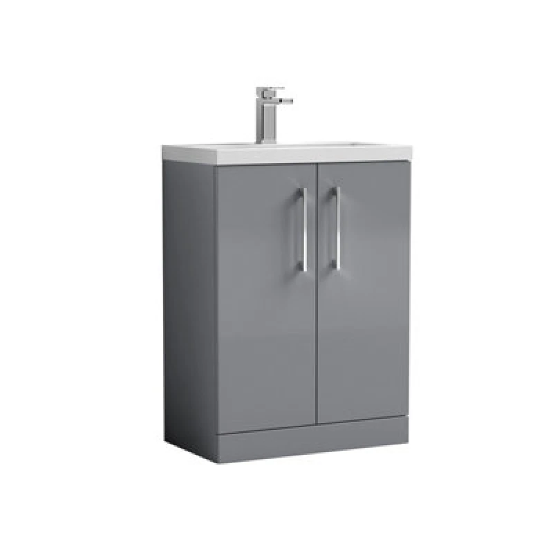 Image of Nuie Hudson Reed Arno Compact Floor Standing 2 Door Vanity Unit With Ceramic Basin, Durable Modern Vanity Unit In Satin Grey, 600mm