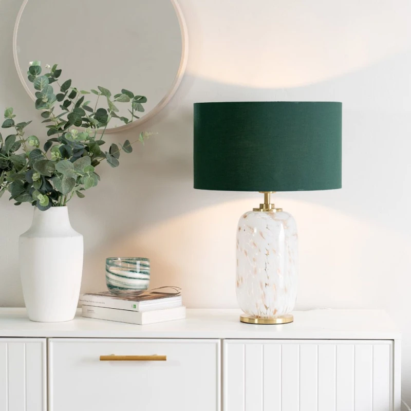 Image of ValueLights India Fabric Drum Shade on Rounded White Confetti Glass Table Lamp Green