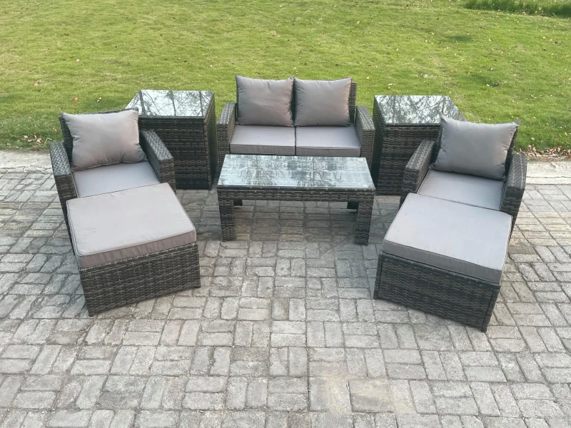 Image of Fimous Outdoor Lounge Sofa Set Wicker PE Rattan Garden Furniture Set with Rectangular Coffee Table Armchair in Dark Grey Dark Grey Unisex