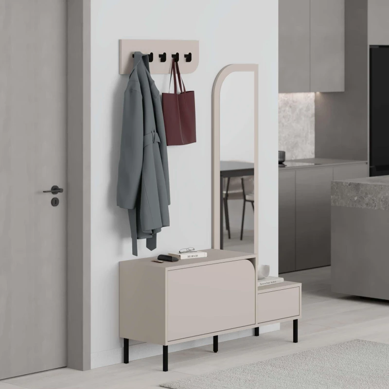 Image of Decortie Hall Tree Coat Stand With 5 Metal Hooks & Full-length Mirror 37X112X172Cm Sandstone, Cream 8683628015919