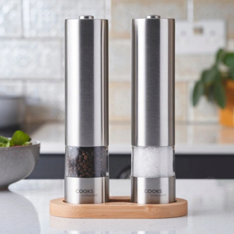 Image of Cooks Professional Electric Salt and Pepper Mill Grinder Set Shaker Automatic with Stand Silver Silver unisex