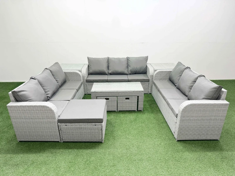Image of Fimous PE Rattan Lounge Sofa Set 12 Seater Outdoor Garden Furniture Set with Oblong Coffee Table 3 Seater Sofa 3 Stools 2 Side Table Light Grey Light