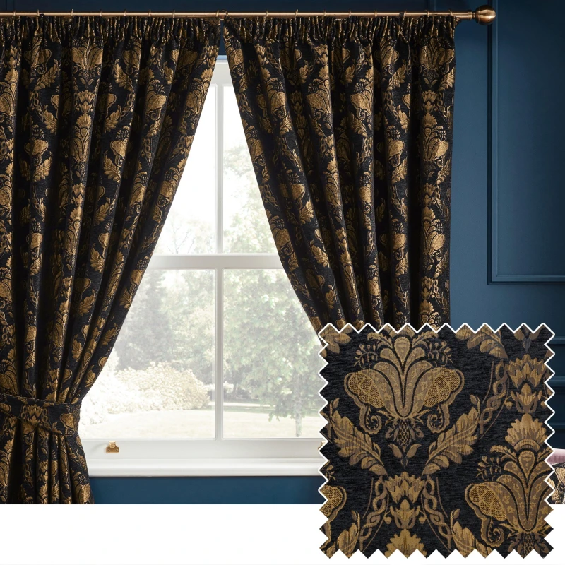 Image of Paoletti Traditional Jacquard Pencil Pleat Curtains - Black 168 x 183c
