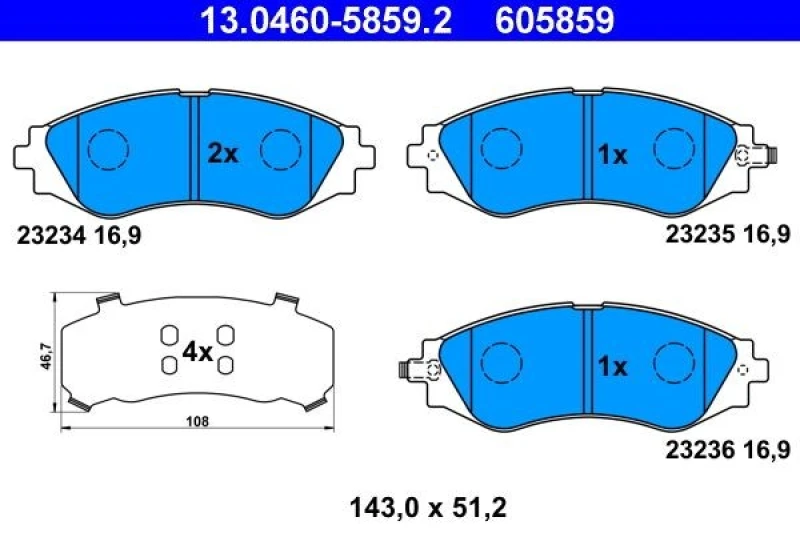 Image of ATE 13.0460-5859.2 Brake pad set with acoustic wear warning, with anti-squeak plate Brake Pad Set,disc brake (402)