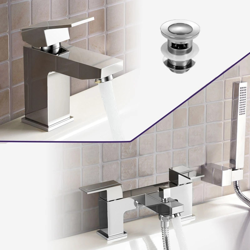 Image of Nes Home Chrome Modern Basin & Bath Shower Mixer Tap with Basin Waste in Silver Silver Unisex