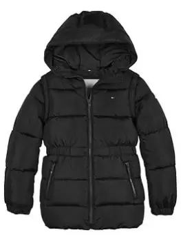 image of Tommy Hilfiger Girls Hooded Zip Off Sleeve Jacket - Black, Size 10 Years, Women