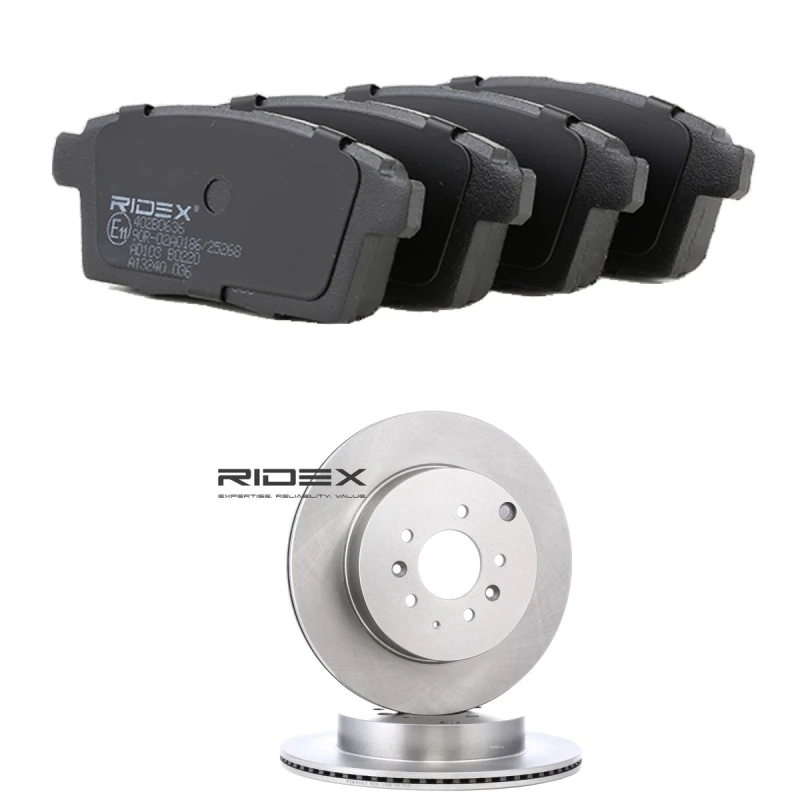 Image of RIDEX 3405B2255 Brake disc and pads set Rear Axle, Brake Disc Type: internally vented, not prepared for wear warning indicator Brake Set,disc brakes