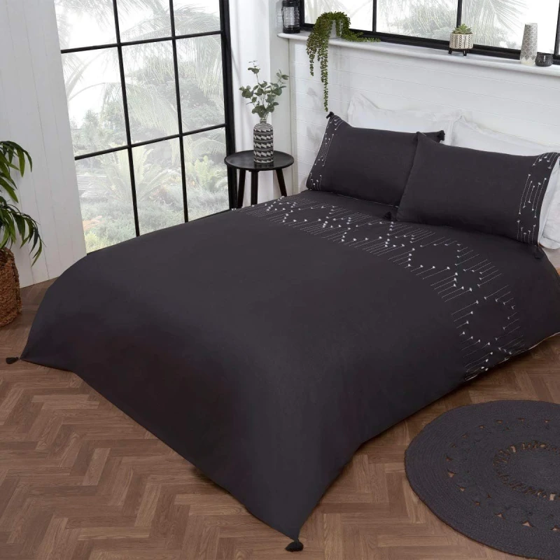 Image of Smart Living Smart Living Luxury Hotel Quality Boho Embroidered Tassels Duvet Cover with Pillowcases in Charcoal Size: Double Charcoal Double Unisex