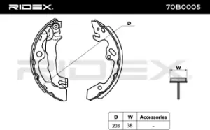 Image of RIDEX Brake Shoes 70B0005 Brake Shoe Set,Brake Lining FORD,FOCUS (DAW, DBW),FOCUS Kombi (DNW),FOCUS Stufenheck (DFW),Focus Mk1 Kasten / Kombi (DNW)