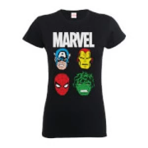 Marvel Comics Main Character Faces Womens Black T-Shirt - XL - Black