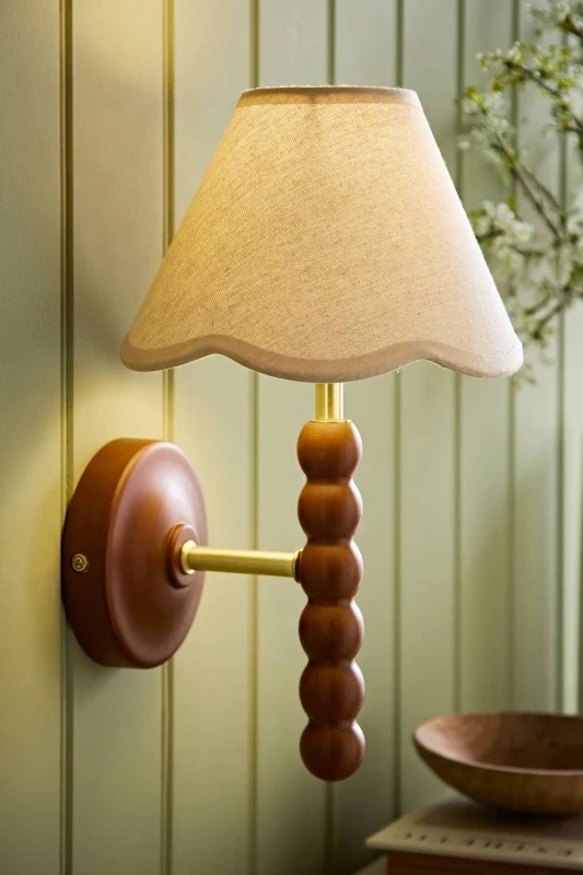 Image of Valuelights Bobbins Walnut Bobble Wall Light And Natural Trim Linen Lamp Shade