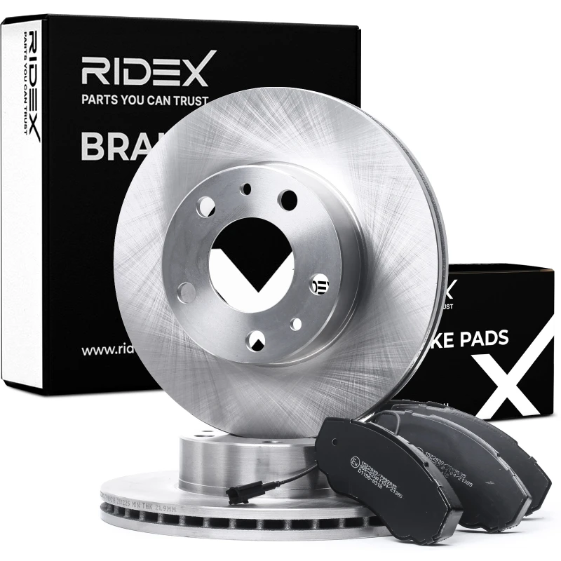 Image of RIDEX 3405B1062 Brake disc and pads set Front Axle, Brake Disc Type: internally vented, with integrated wear warning contact Brake Set,disc brakes (3