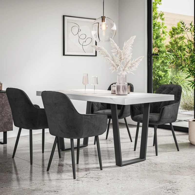 Image of More4Homes Aria Dining Table And Chairs - White Marble Effect Table Top W Black Legs + Anika Velvet Dining Chair Set Of 4 (Black)