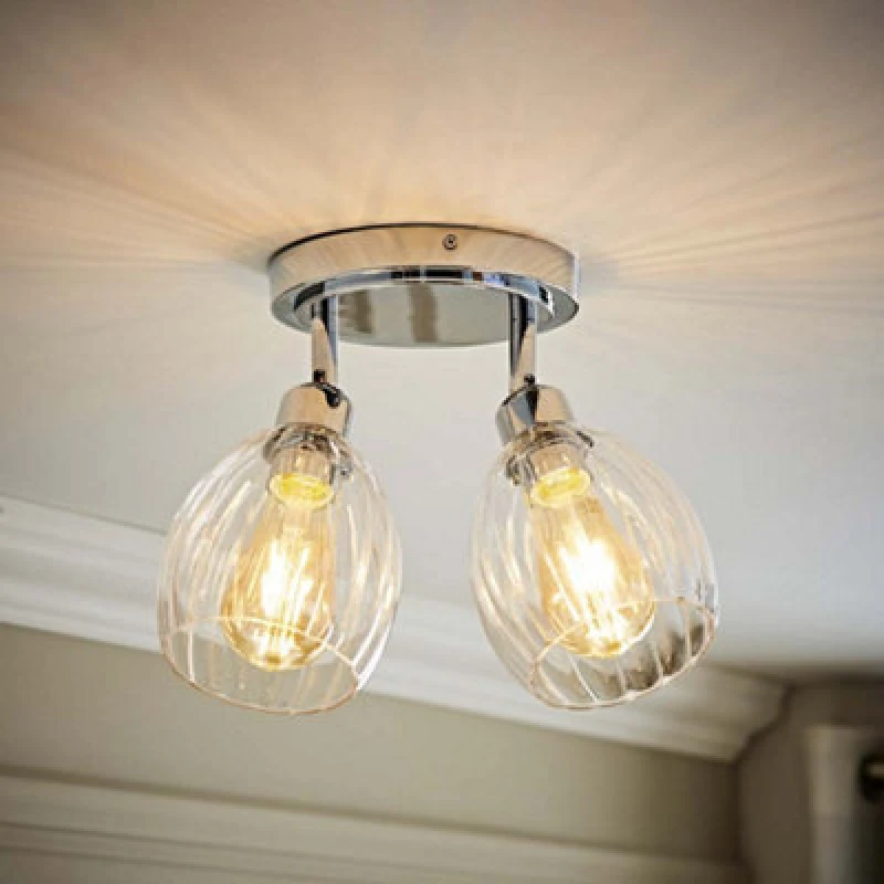 Image of ValueLights ValueLights Cheltenham 2 Way Ribbed Glass Adjustable Spotlight Flush Ceiling Light in Metallic Silver Metallic Silver One Size Unisex 5016