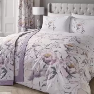 image of Dreams & Drapes Peony Watercolour Floral Print Easy Care Duvet Cover Set, Amethyst, King