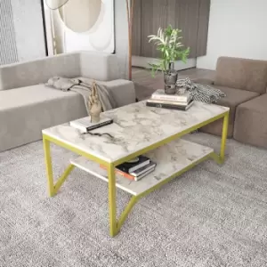 Image of Flora Modern Coffee Table, Living Room Table, Large Storage Space, Tea Table,Accent Table, industrial Design-White Marble Pattern And Gold