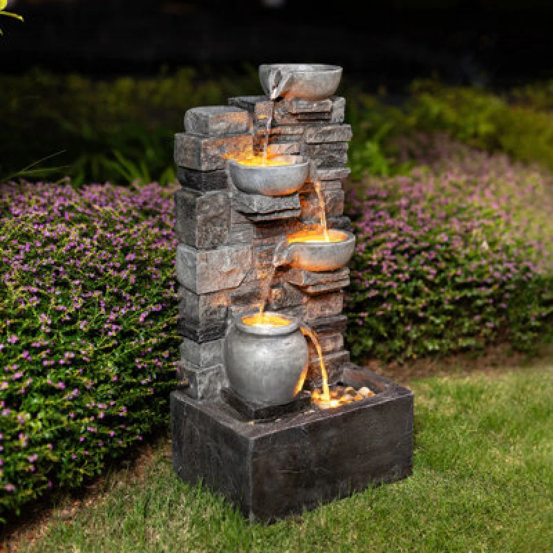 Image of Teamson Home Outdoor 28.5'' 4 Tier Cascading Bowl Stacked Stone Fountain Yard Decor Gray, Grey FT0724GR-UK