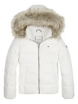 Image of Tommy Hilfiger Girls Essential Down Faux Fur Trim Hooded Coat - White, Size 8 Years, Women