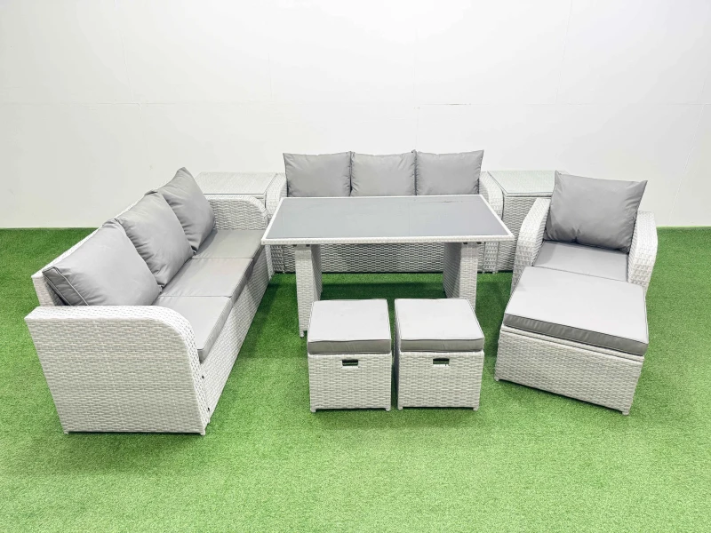 Image of Fimous 10-seater Patio Rectangular Table Sofa Set with 2 Side Tables 3 Stools in Light Grey Light Grey Unisex