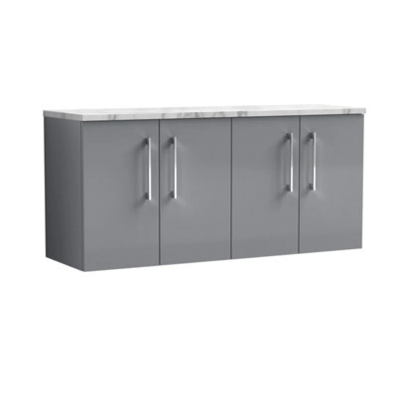 Image of Nuie Arno Wall Hung 4-Door Vanity Unit & Laminate Worktop In Carrera Marble, Modern Counter Top Vanity Unit In Satin Grey
